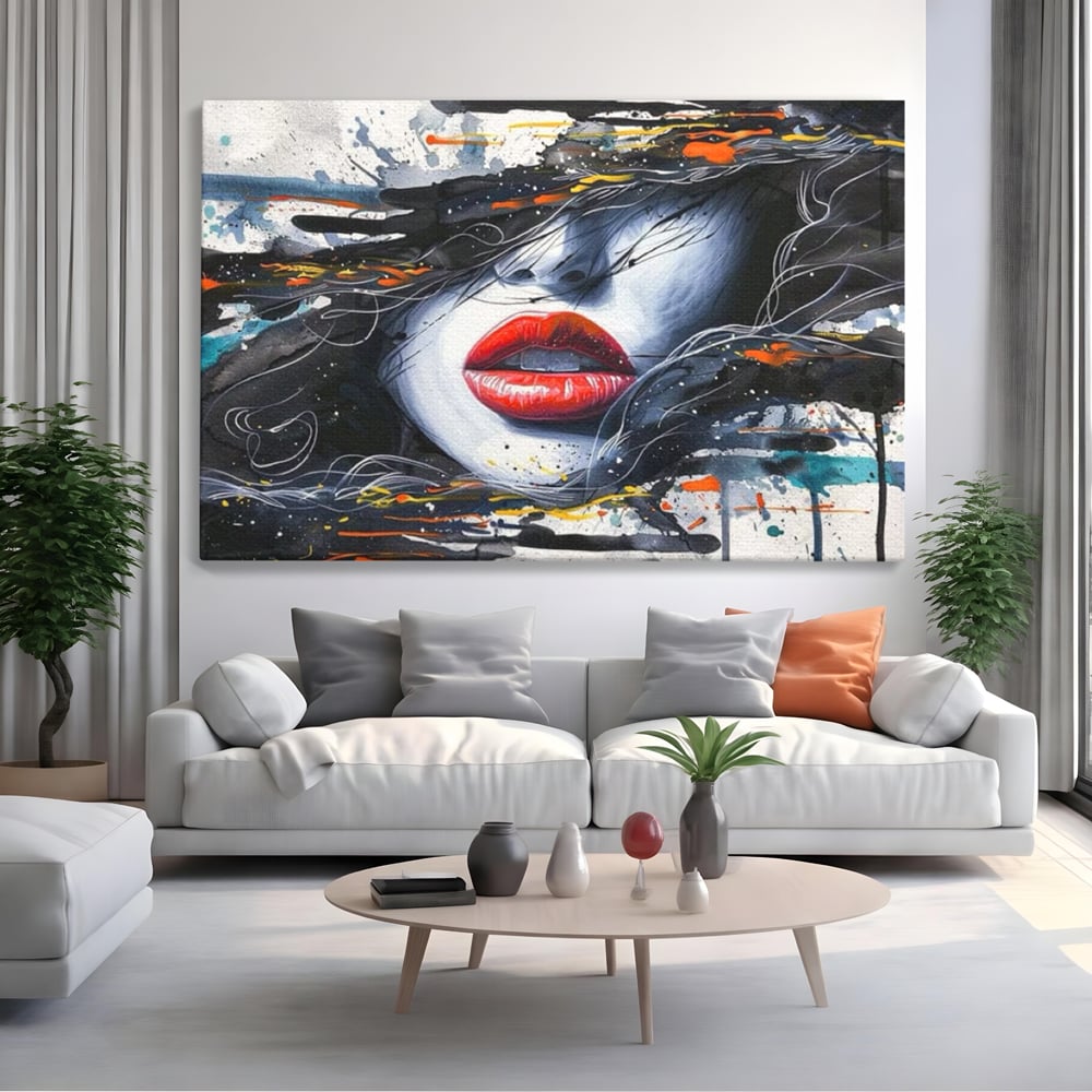 Tablou canvas cu tablou canvas cu buze rosii si par abstract, fara rama, pe sasiu de lemn, pe perete intr-un living
